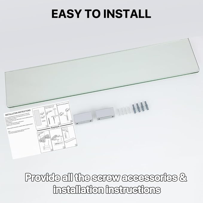 SAYAYO Glass Shelf for Bathroom 24 Inch, Thicken Tempered Floating Glass Shelves with Stainless Steel Brackets, 1 Pack, Clear
