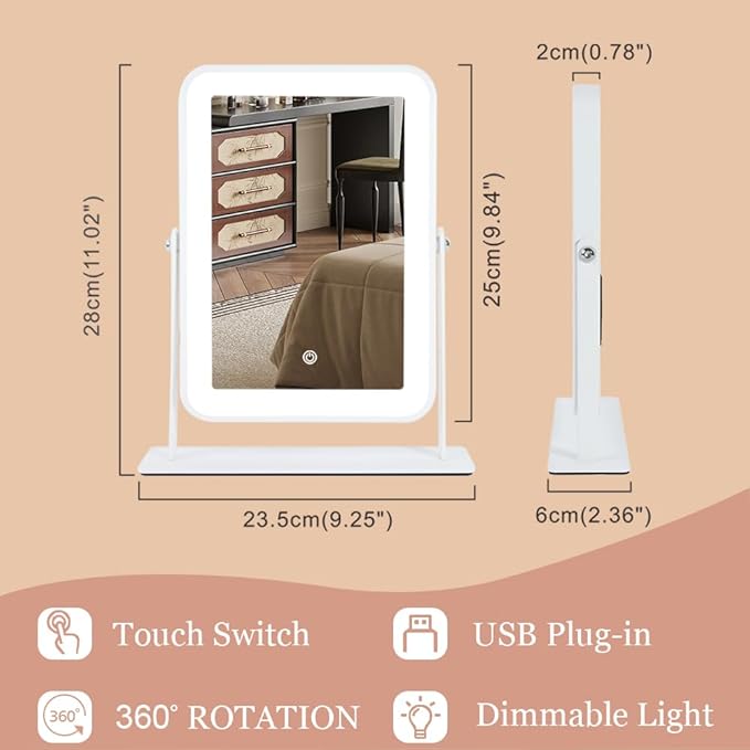 YEKKOPT Small Desk Mirror with Lights, Lighted Makeup Mirror with Light, Portable Tabletop Make Up Mirror for Desk, Vanity Mirror with Lights,Smart Touch Control, Dual Power Supply, 360°Rotation
