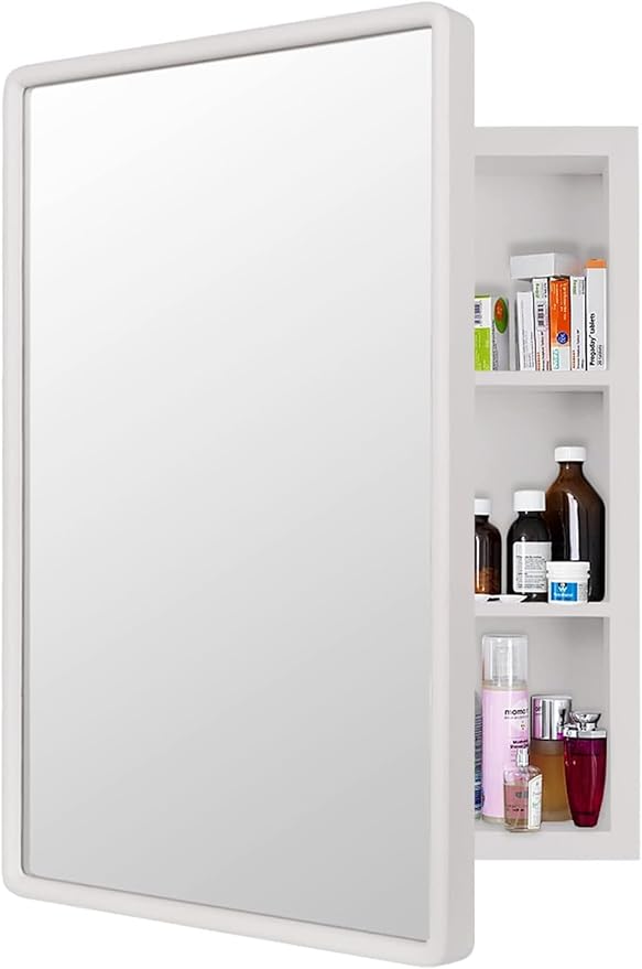 24”x16” Recessed Wood Medicine Cabinet with Mirror for Bathroom – Wall-Mounted Wooden Bathroom Cabinet with Adjustable Storage Shelf (White, 16“x24)