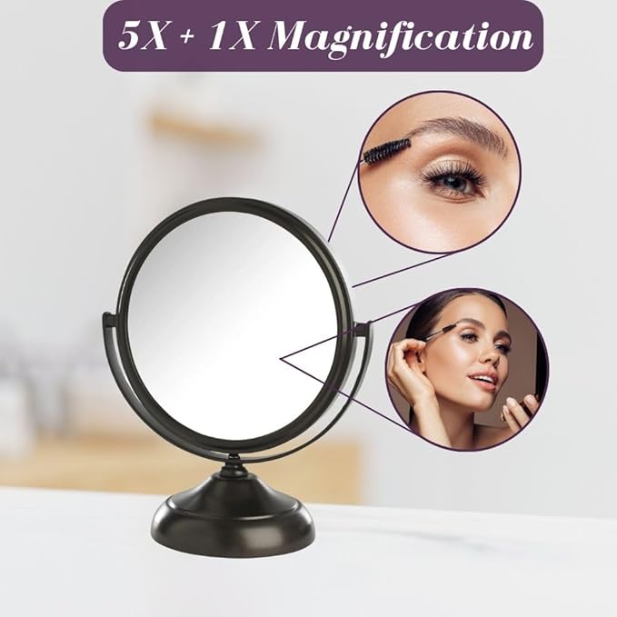 Small Tabletop Magnifying Mirror - 5.5” Diameter Mirror with 5X-1X Magnification - Bronze Finish - Model MC247BZ