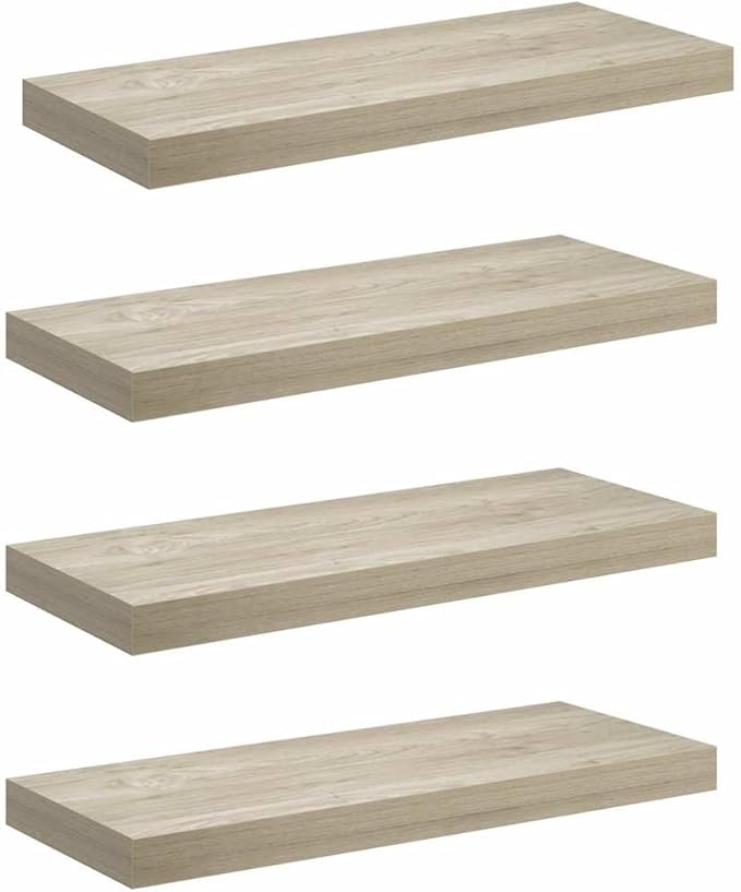Set of 4 Floating Wall Shelves, Modern Oak Wood Display Ledges for Living Room Bedroom Office, Decorative Storage Shelves for Books and Collectibles