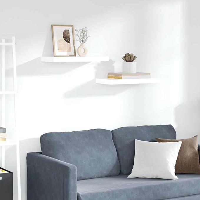 Floating Wall Shelves Set of 2, Modern High Gloss White Invisible Mounting Display Shelves for Living Room Bedroom, 19.7x9.1 Inches, Durable MDF and Metal, Holds 15.4 lbs Each