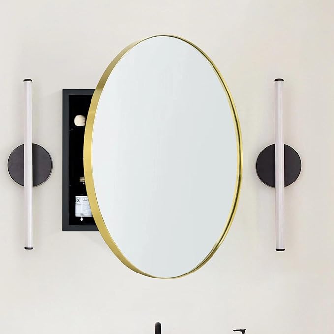 Surface Mount Brushed Gold Round CircleBathroom Medicine Cabinet with Mirror Circlular Shaped Stainless Steel Metal Framed Medicine Cabinets Bathroom Cabinet with Mirror 24'' Diameter