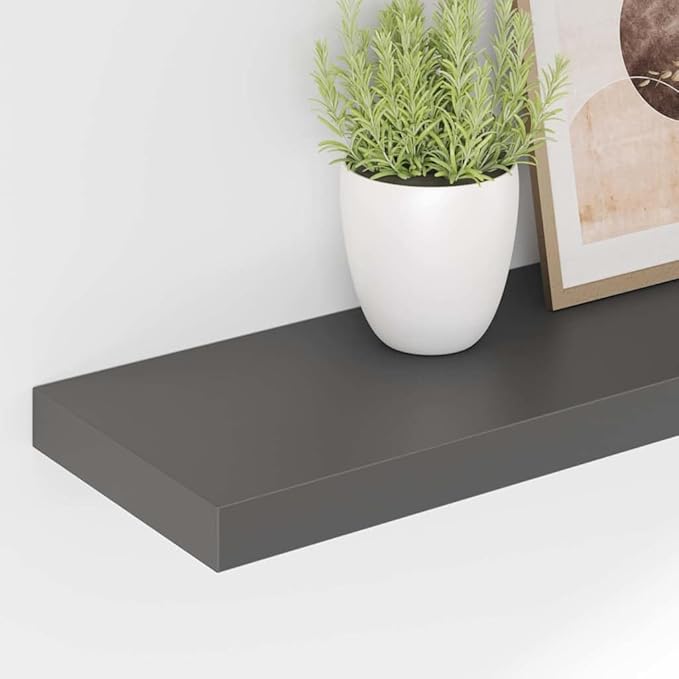 Floating Wall Shelf 31.5 Inch, High Gloss Grey MDF Decorative Display Ledge for Living Room Bedroom, Modern Minimalist Wall Mounted Storage Shelf