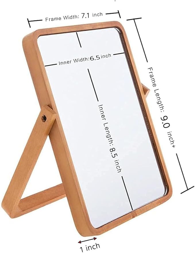 Honeystore Solid Wood Makeup Mirror, 360° Rotating Desktop Vanity Mirror, 9" x 7.1" HD Silver Mirror, Natural Wood Frame, Portable Tabletop & Wall Hanging Cosmetic Mirror (Natural)