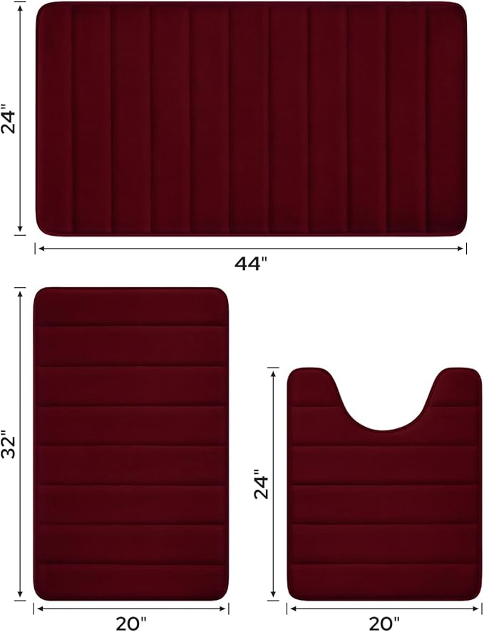 BYSURE Burgundy Memory Foam Bath Mats, Non Slip Extra Soft Absorbent Machine WashableToilet Bathroom Rug Set 3 Piece (20"x32"+24"x44"+U Shape 20"x24")