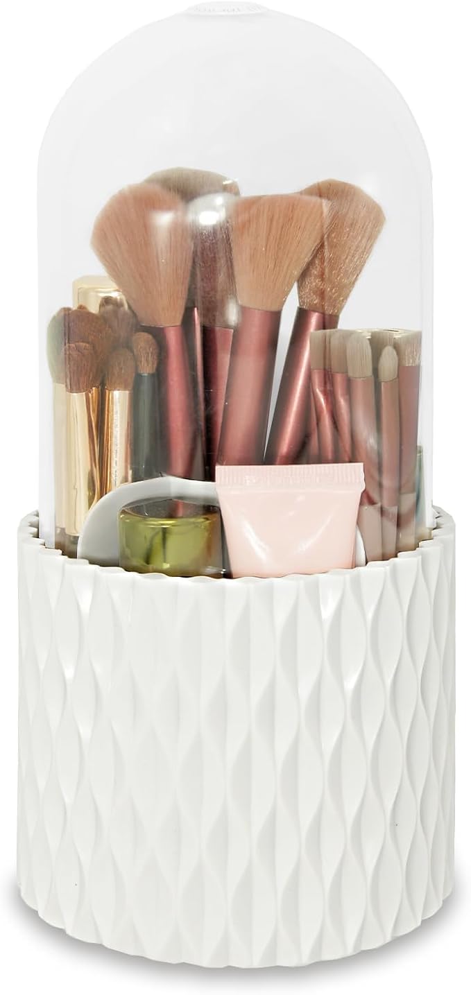 VNIMTI 360??Smooth Rotating Makeup Brush Holder with Dustproof Lid Spinning Vanity Organizer for Beauty Lipstick Perfume,Brushes Storage Container,Countertop,Dressing Table,Bathroom Desk (White)