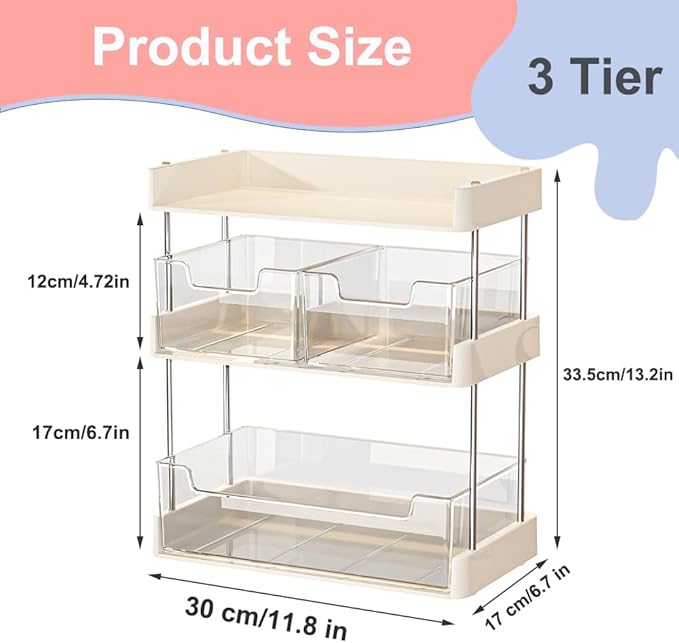 Palmhill 3-Tier Medicine Organizer Medicine Cabinet for Vanity, Bathroom, Bedroom (Beige & Clear)
