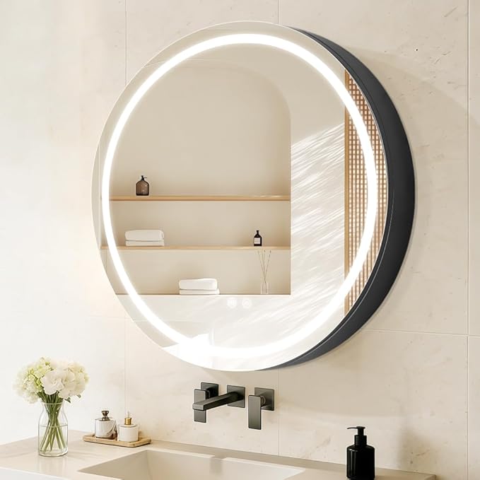 Round Medicine Cabinet with Light,3 Color Temperature,Dimmer,Defogger,32inch,Black