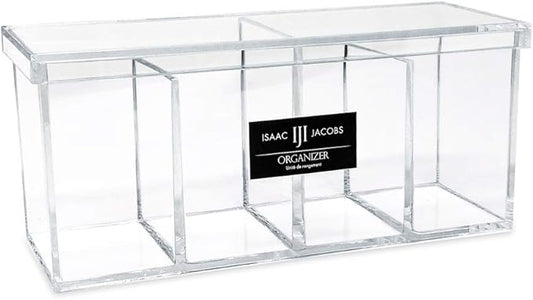 Isaac Jacobs 4-Compartment Clear Acrylic Organizer with Lid (9” L x 3” W x 4” H), Makeup Brush Holder, Sectional Tray, Storage Solution for Makeup, Crafts, Office Supplies & More (1, Clear)