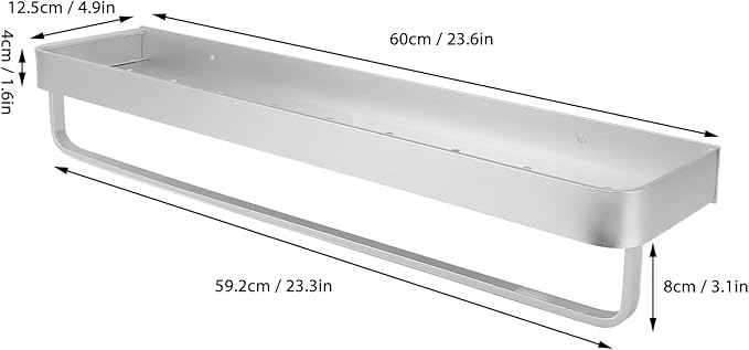 Space Aluminum Bathroom Shelf 60cm Wall Mounted Floating Storage - Punch Free Installation, Rust, Large Capacity for Kitchen, Laundry & Bathroom Organization (with Hook)