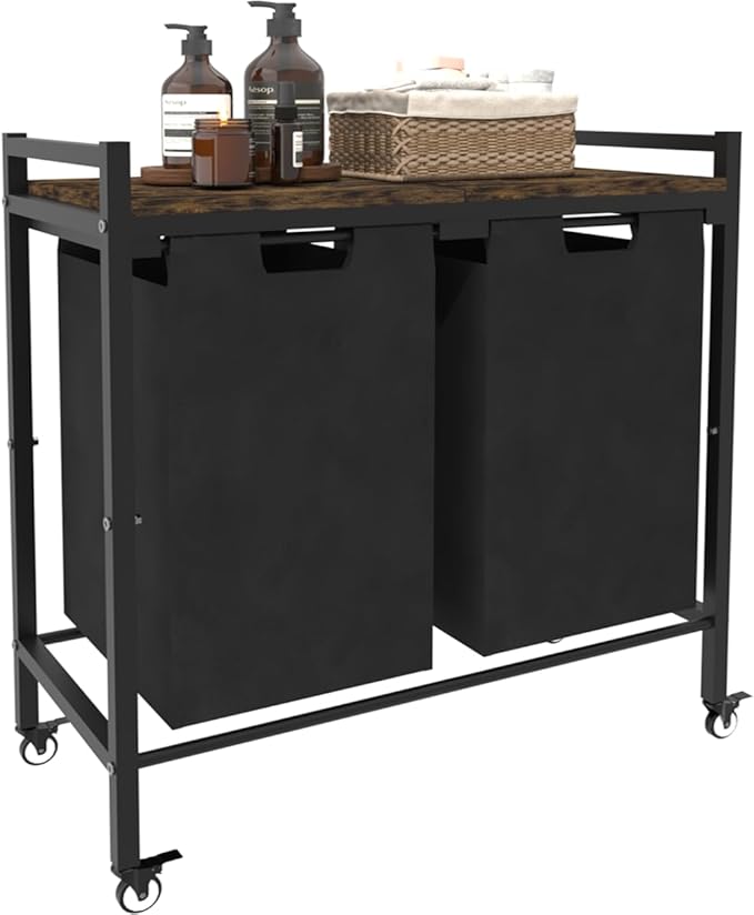 12 x 2 Gal Large Laundry Hamper with Wheels, 2 Pull-Out & Removable Sorter Bags, Freestanding Clothes Basket Organizer for Clothing or Toys in Bathroom and Living Room, Rustic Brown and Black