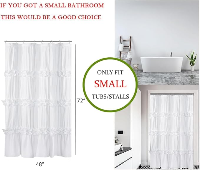 Ruffle Stall Shower Curtain, Vintage Handcrafted Bow Tie Bath Curtain for Master Bathroom, Ruched Microfiber Bathroom Curtain with 8 Buttonholes, 48" W x 72" H, White (LQ-10)