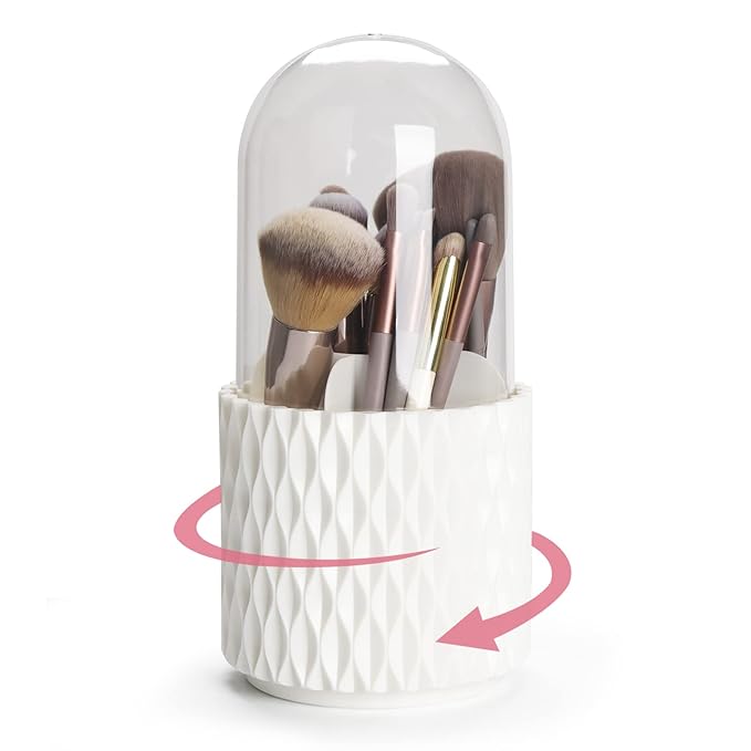 Makeup Brush Holder Organizer with Lid -360° Rotating Dustproof Make Up Brushes Container with Clear Acrylic Cover, Spinning Cosmetics Holders Storage Cup with 5 Compartment