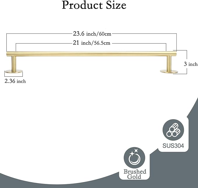Self Adhesive Bath Towel Bar, Thicken Stainless Steel Shower Towel Rack Holder Wall Mounted for Bathroom, 23.6-lnch Overall Length-21-lnch Usable Hanging Space (1 Pack, Brushed Gold)