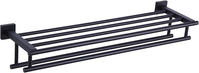 Bath Towel Shelf with 2 Towel Holders, Angle Simple Stainless Steel Bathroom Towel Rack with Towel Bars, Wall Mount Train Rack Matte Black 27.56 Inches
