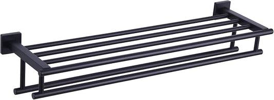 Bath Towel Shelf with 2 Towel Holders, Angle Simple Stainless Steel Bathroom Towel Rack with Towel Bars, Wall Mount Train Rack Matte Black 27.56 Inches