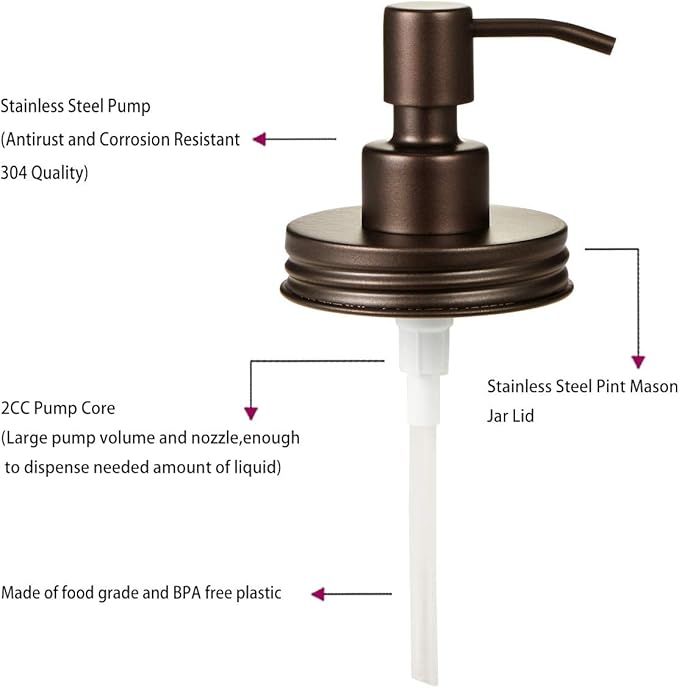 Amolliar Mason Jar Liquid Soap Dispenser Lid, 304 Stainless Steel Pump Lid for 16oz Regular Mouth Mason Jar, Rustic Farmhouse Decor, Hand Soap, Dish Soap, Lotion Soap, Bronze 6Pack, Extra 3 Long Tubes