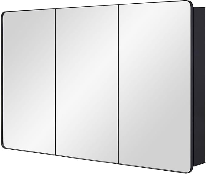 IDYLLOR Bathroom Mirror Medicine Cabinet with Round Corner Framed Door 48 x 30 inch, Black，Recessed or Surface Mount, with Adjustable Glass Shelves