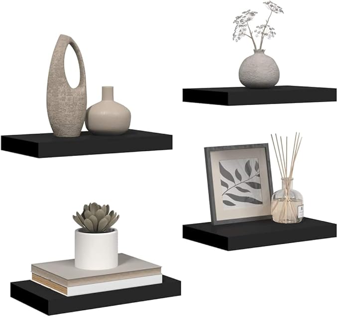 Set of 4 Floating Wall Shelves, Modern Honeycomb Decorative Display Shelf for Bedroom, Living Room, and Office, Black MDF Wall Mounted Storage Organizers