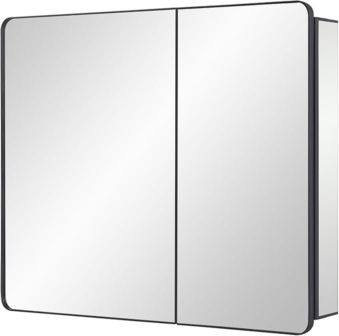 IDYLLOR Black Bathroom Mirror Medicine Cabinet with Round Corner Framed Door 30 x 25.6 inch, Recessed or Surface Mount, with Adjustable Glass Shelves