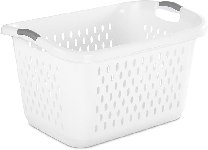 2.7 Bushel Plastic Laundry Basket, Portable Clothes Organizer with 2 Carry Handles, Oval Ventilation Holes, Large Capacity Laundry Basket for Closet Dorm Laundry Room Bedroom, BPA-free,White
