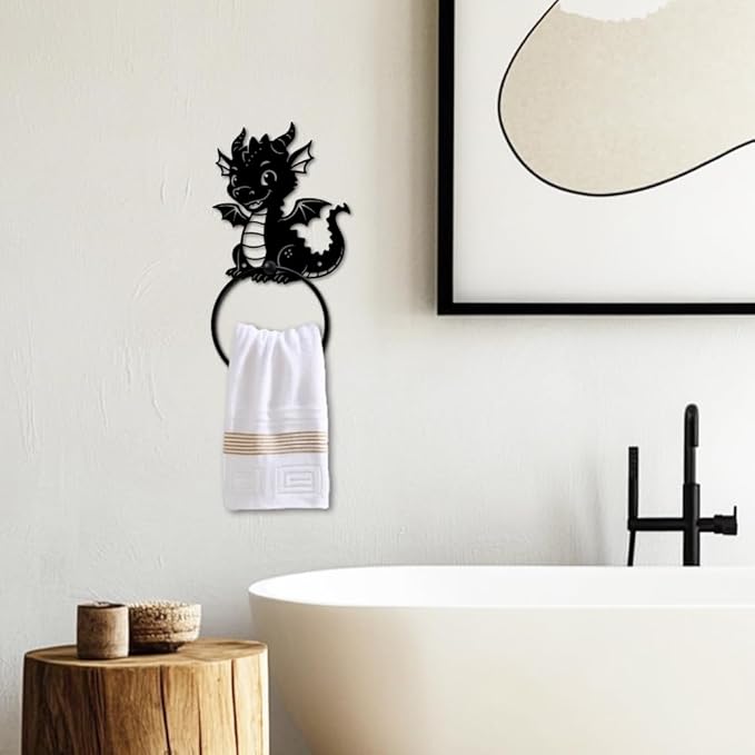 MAYJOYDIY Cartoon Dragon Metal Towel Ring Round Dragon Hand Towel Holder Ring Hanger Wall Mount Black Vintage Towels Wall Organizer for Kitchen Bath Home Laundry Room Decors Gifts