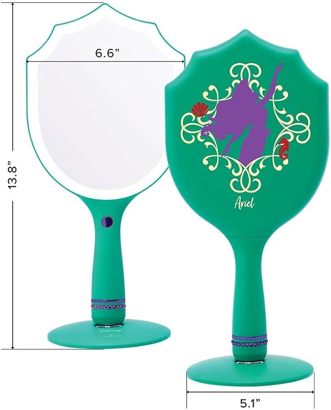 Impressions Vanity Handheld Lighted Makeup Mirror, Disney Princess Ariel LED Hand Mirror with Standing Base, Makeup Vanity Mirrors with Shimmering Button and 3 Color Modes for Travel or Bedroom