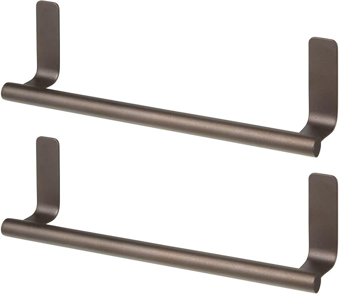 mDesign Steel Wall-Mounted Towel Rack Storage Holder - Self-Adhesive Space Saving Bar for Kitchen - Holds Hand and Dish Towels - Stick on Doors, Cabinet, Cupboard - Omni Collection - 2 Pack - Bronze
