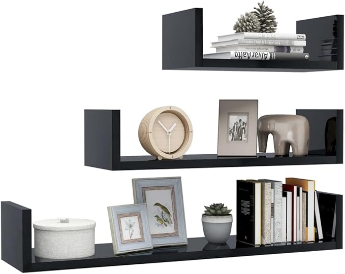 Floating Wall Shelves Set of 3 High Gloss Black Engineered Wood U-Shaped Storage Shelves for Bathroom, Living Room, Kitchen, Office Decor