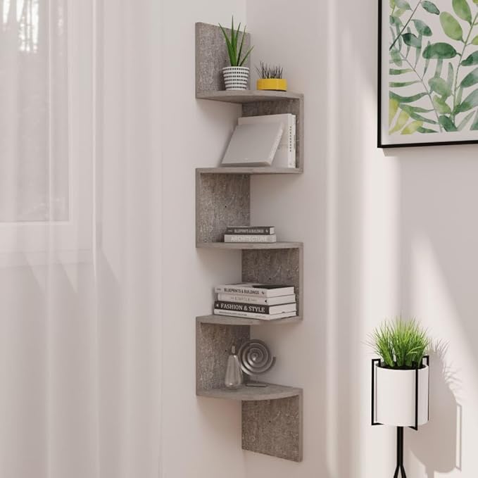 Wall Corner Shelf 5-Tier Floating Shelves, Concrete Grey Engineered Wood Storage Display Rack for Living Room Bedroom Home Office, Space Saving Design