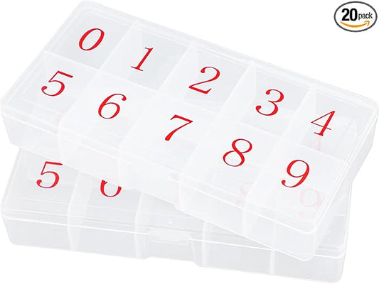 Acrylic Fake Nail Organizer Case, 2PCS 10-Compartment Nail Tip Storage Box with Number, 10 Space Rhinestone Nail Art Accessories Container, Clear Plastic Nail Box for Jewelry Charms Gem Vitamin