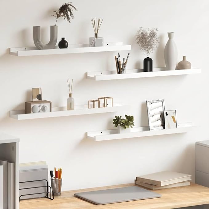 Set of 4 Wall Shelves, 23.6 inch Modern Floating Storage Shelf, High Gloss White Display Ledge for Books, Photos, Succulents, Living Room Bedroom Decor