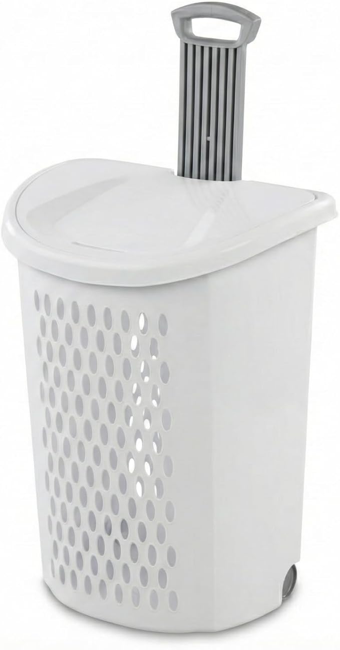 Laundry Hamper with Wheels and Lid, 2-Bushel Capacity, Plastic, White, Rolling Basket with Handle