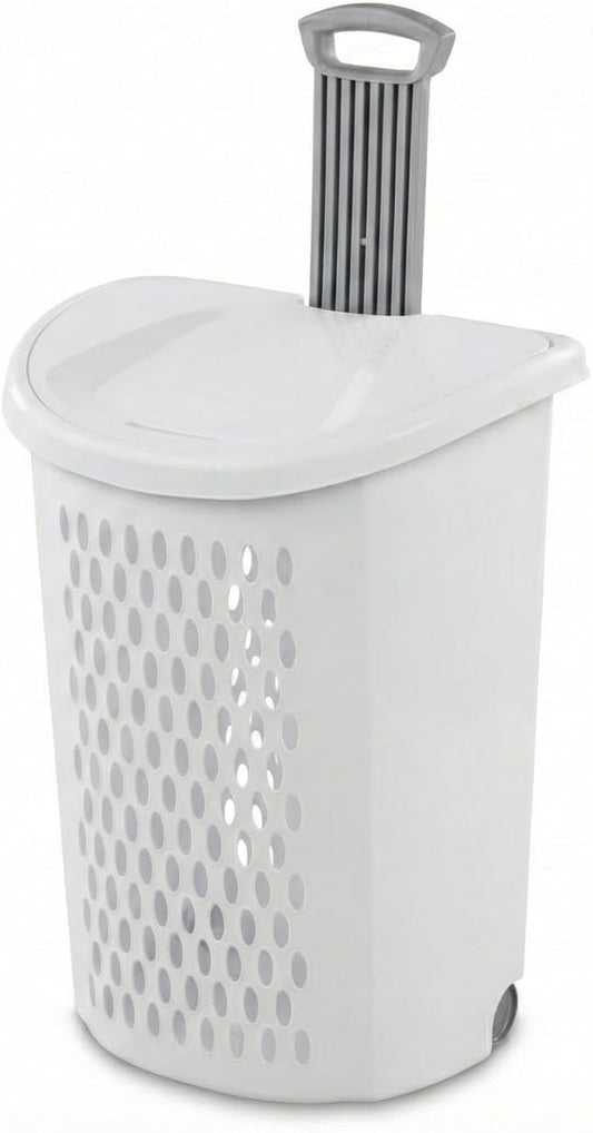 Laundry Hamper with Wheels and Lid, 2-Bushel Capacity, Plastic, White, Rolling Basket with Handle