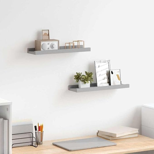 Floating Ledge Shelves Set of 2, 15.7 inch Gray MDF Wall Mounted Display Shelf for Picture Frames, Decorative Wall Decor for Living Room, Minimalist Storage Rack