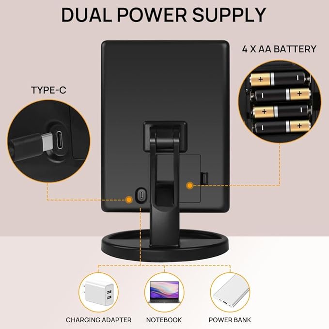 Lighted Makeup Mirror with Lights Vanity Makeup Mirror with Adjustable Brightness and 180 Degree Rotation Touch Screen Dual Power Supply Gifts for Teens Girls Women (Black)