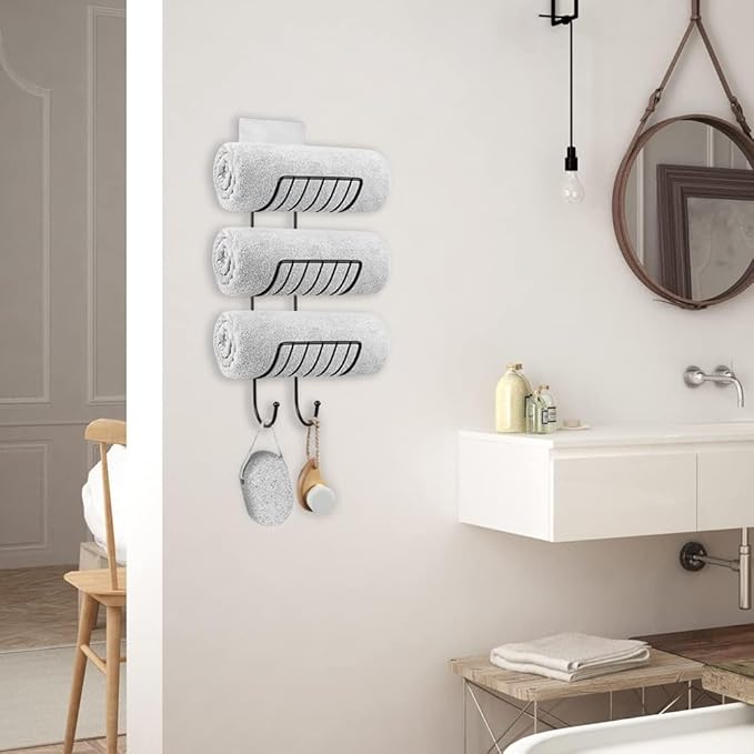 Adhesive Towel Holder for Bathroom Wall Mounted, No Drill Towel Rack Organizer with 2 Hooks for Bath Wall Storage, Black, 2 Pack