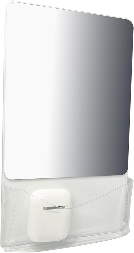 Magnetic Locker Mirror with Fully Magnetic Back, 9.45" x 5.51" Small Real Glass Super Clear Reflection Mirror with Storage Pocket for School Locker Refrigerator Office Cabinet - White, 1 Pc