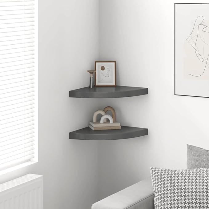 Floating Corner Shelves Set of 2, High Gloss Gray Modern Wall Mounted Display Shelves for Living Room Bathroom, 13.8x13.8 Inches, Invisible Mounting, Durable MDF and Metal, Holds 11 lbs Each