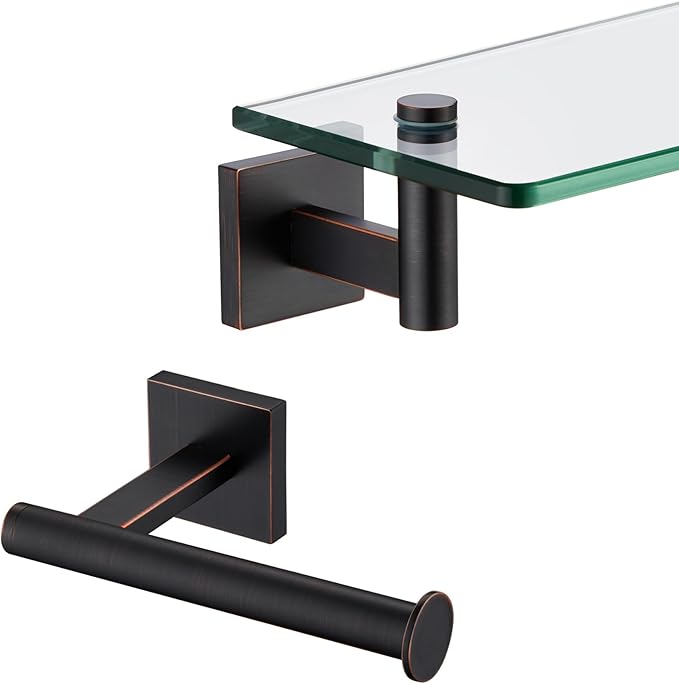 KOKOSIRI 16-Inch Bathroom Shelves Glass Floating Shelf Toilet Roll Holder Toilet Paper Holder Stainless Steel Oil Rubbed Bronze B1105ORB-L16+B2008ORB