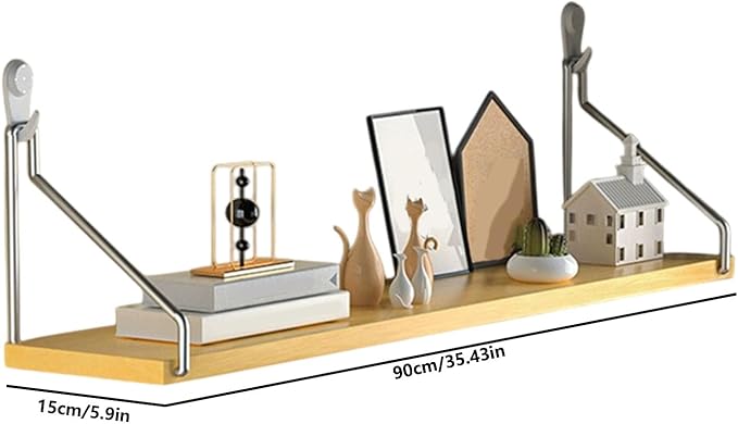No-Drill Wall Mounted Shelf, Heavy Duty Adhesive Organizer with 15KG Load, Multi-Functional Storage Shelf for Bathroom, Kitchen, Office, Easy Install on Tile(Size:90cm,Color:Natural Wood Finish)