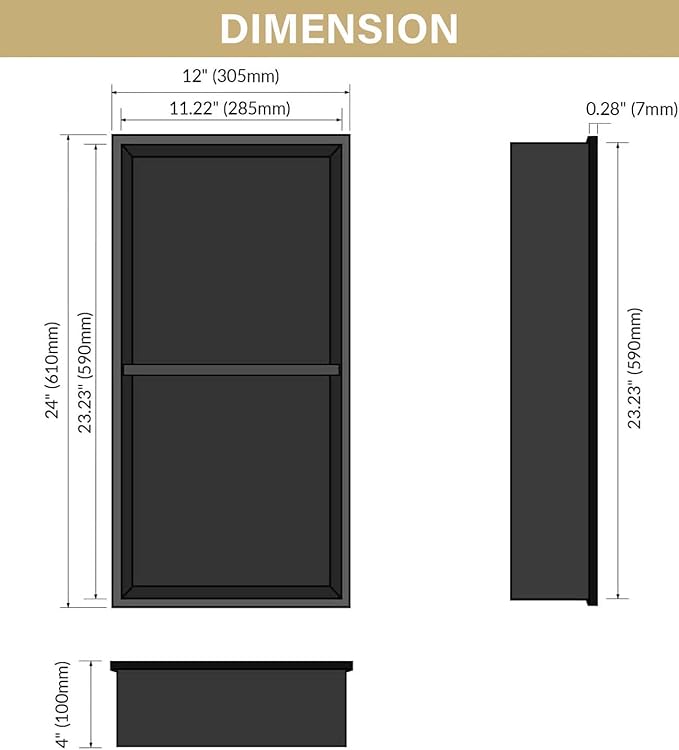 No Tile Shower Niche Stainless Steel Wall Niche 12" X 24" Two-Tier Bathroom Shelf No Tile Needed Recessed Niche Shower for Bathroom Storage, Matte Black