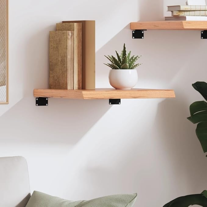 Solid Wood Oak Wall Shelf with Live Edge 15.7x15.7 Inch Rustic Bathroom Kitchen Storage Light Brown Treated Surface Handmade Floating Shelf
