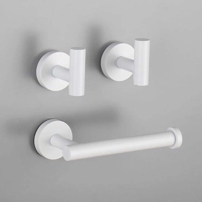 GERZWY 3-Piece Bathroom Accessories Hardware Set SUS 304 Stainless Steel - 2X Coat Hook Toilet Paper Holder, White