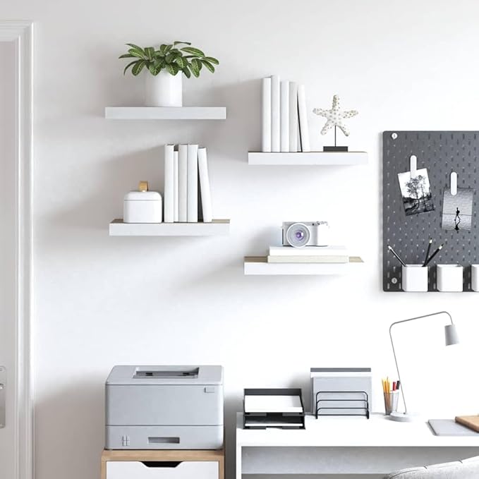 Floating Wall Shelves Set of 4, Modern Oak and White Honeycomb MDF Shelves 19.7x9.1 Inches, Invisible Mounting for Living Room Bedroom Decor, Easy Install Display Racks for Books Plants Photos