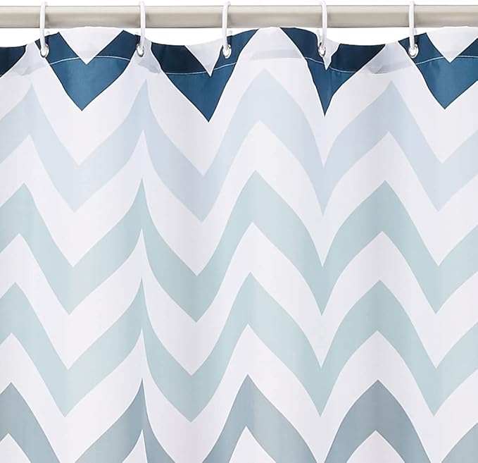 Amazon Basics Bathroom Shower Curtain, Water Resistant Fabric with Weighted Hem, Grommets & Hooks, Machine Washable, 72"x72", Blue Ombre Chevron