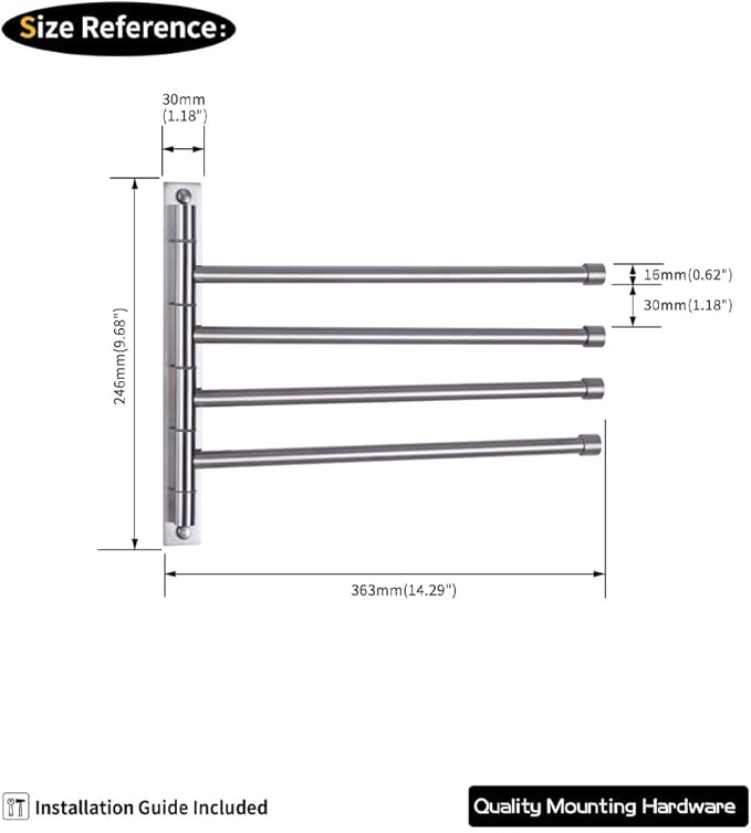 GERZWY Swivel Towel Bar SUS 304 Stainless Steel 4-Arm Bathroom Swing Hanger Towel Rack Holder Storage Organizer Space Saving Wall Mount Brushed Finish HYG04-LS