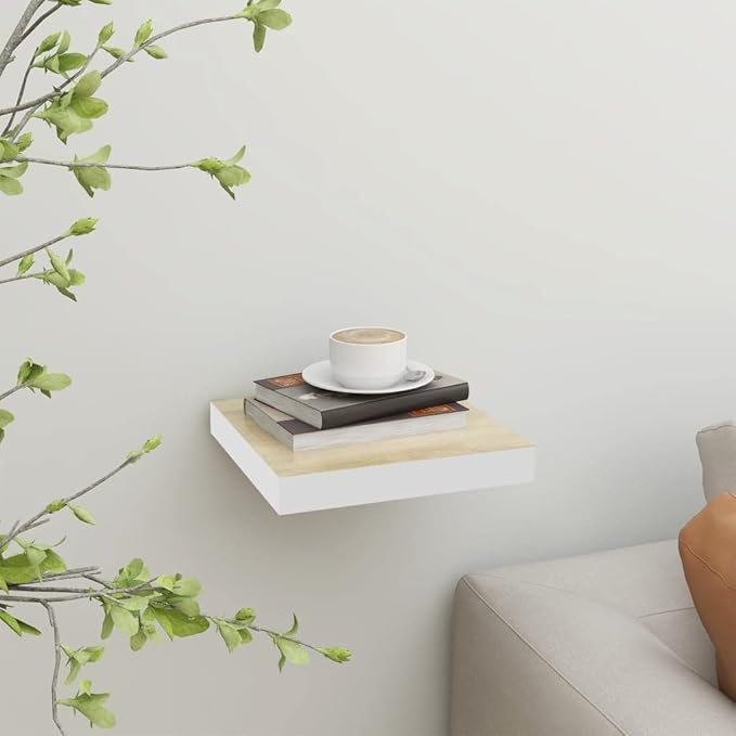 Floating Wall Shelf with Invisible Mounting System, 9.1x9.3x1.5 Inches Oak White MDF Display Rack for Home Decor, Books, Collectibles, Awards and Ornaments Storage Organizer