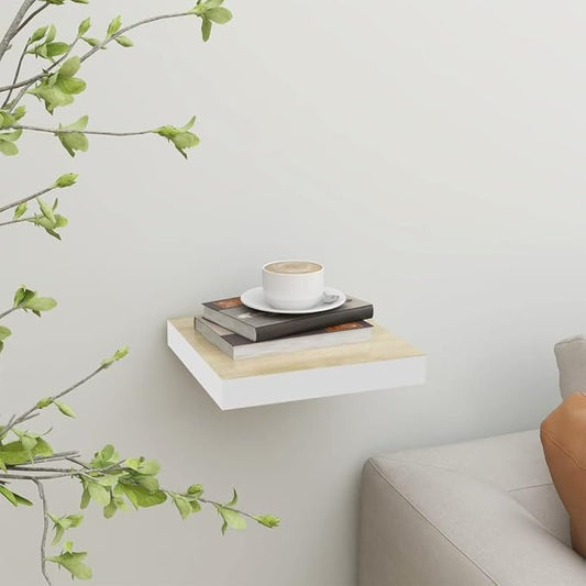 Floating Wall Shelf with Invisible Mounting System, 9.1x9.3x1.5 Inches Oak White MDF Display Rack for Home Decor, Books, Collectibles, Awards and Ornaments Storage Organizer